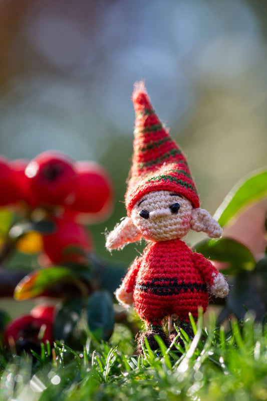 Handmade red forest elf with striped hat
