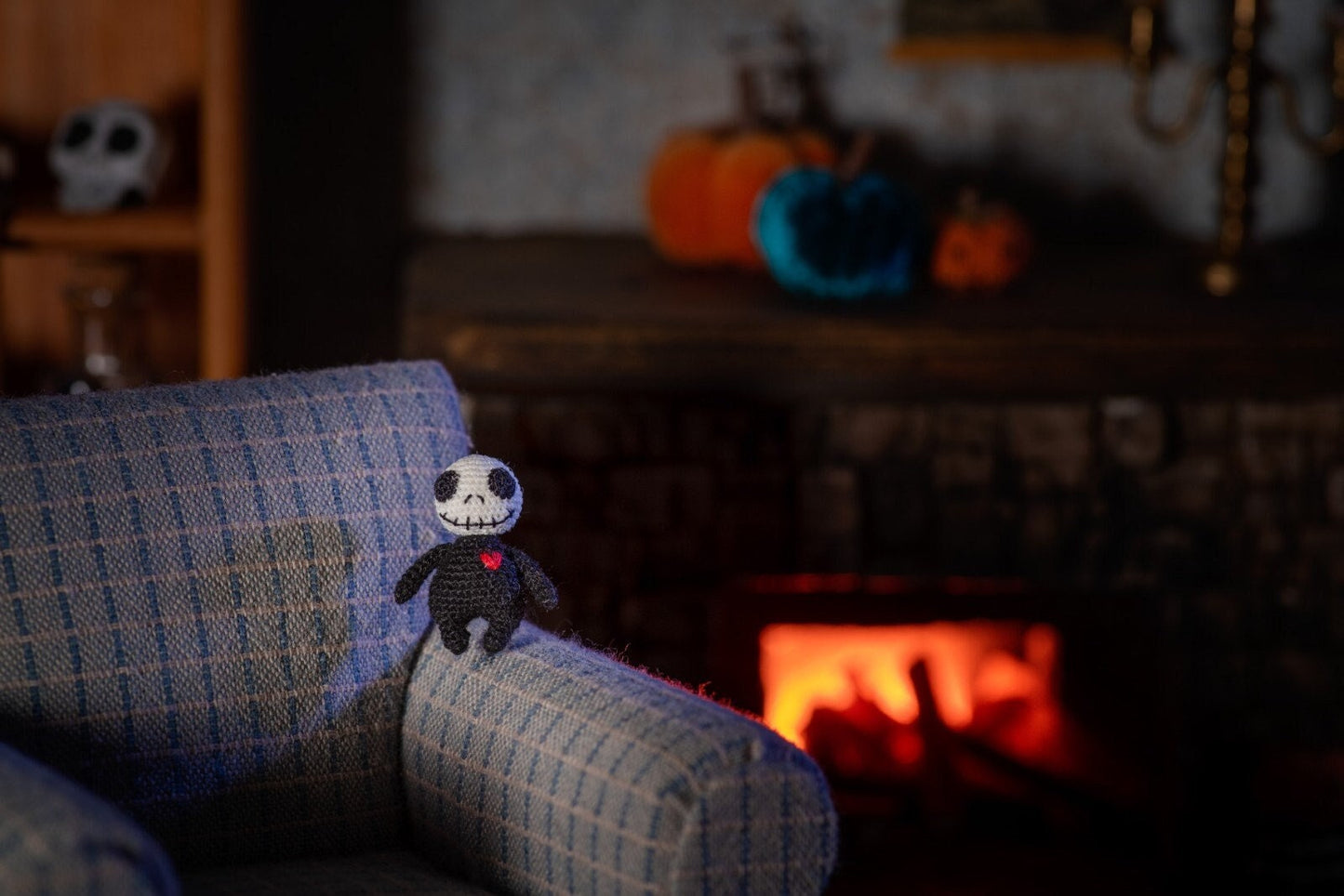 Glow-in-the-dark crochet monster with stitched smile