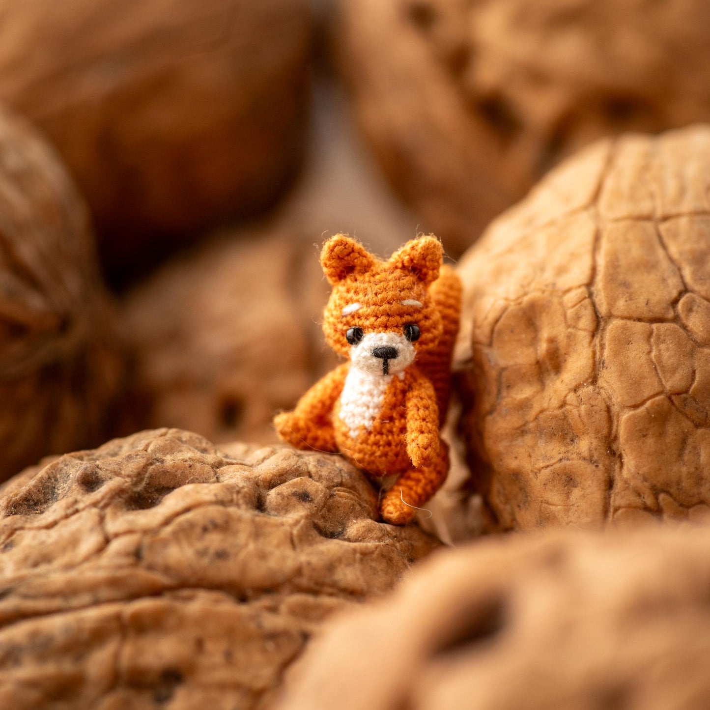 Small orange squirrel toy sitting on a rocky surface