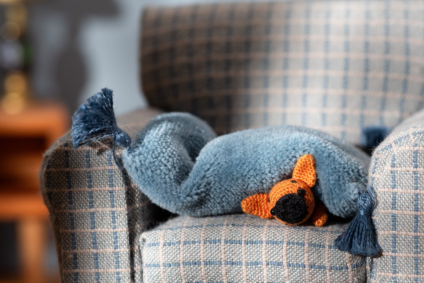 Handmade sleeping Frenchie dog in dollhouse chair