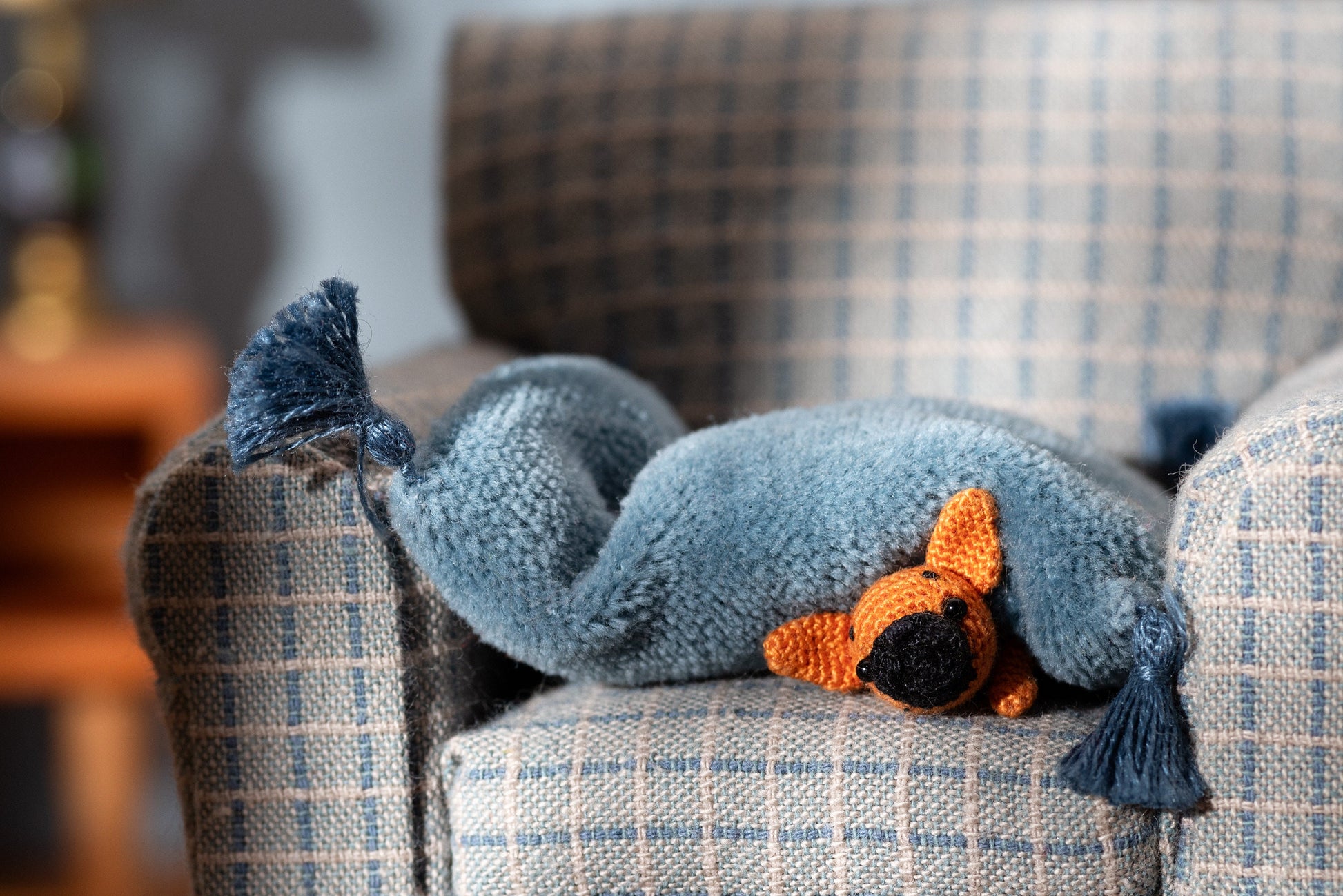 Handmade sleeping Frenchie dog in dollhouse chair