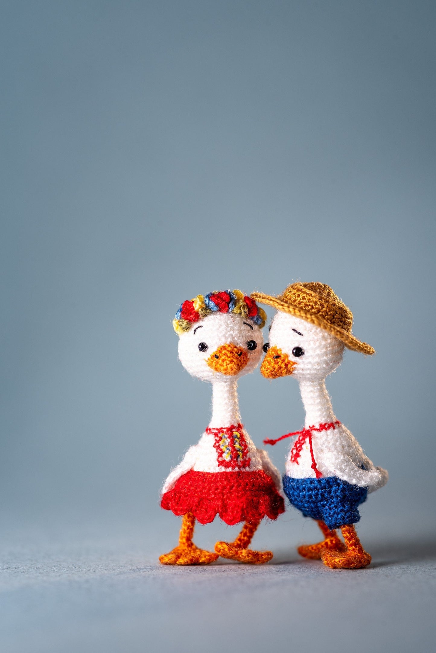 Ukrainian crochet goose couple – collectible miniature folk art dolls by TaleWorld