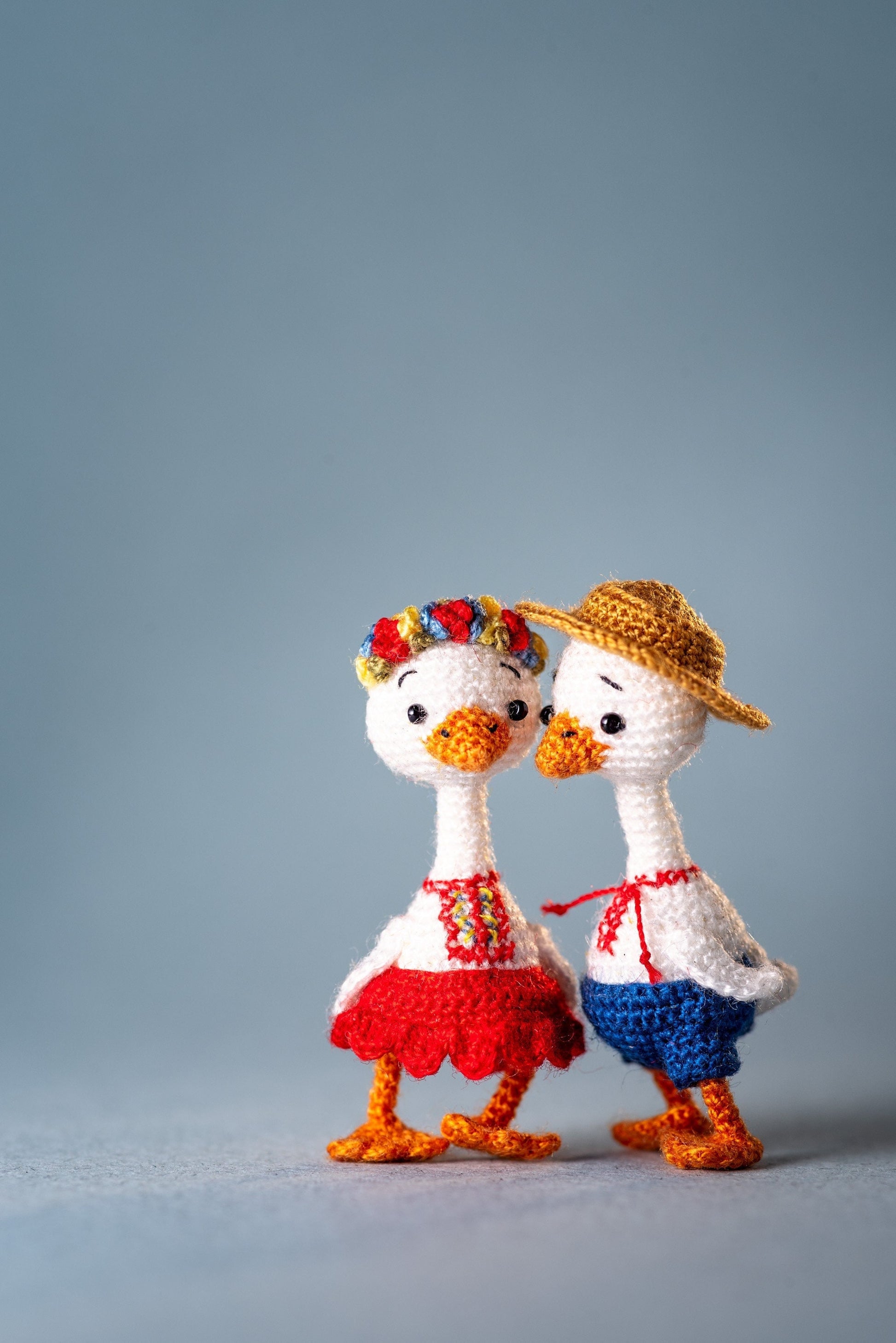 Ukrainian crochet goose couple – collectible miniature folk art dolls by TaleWorld