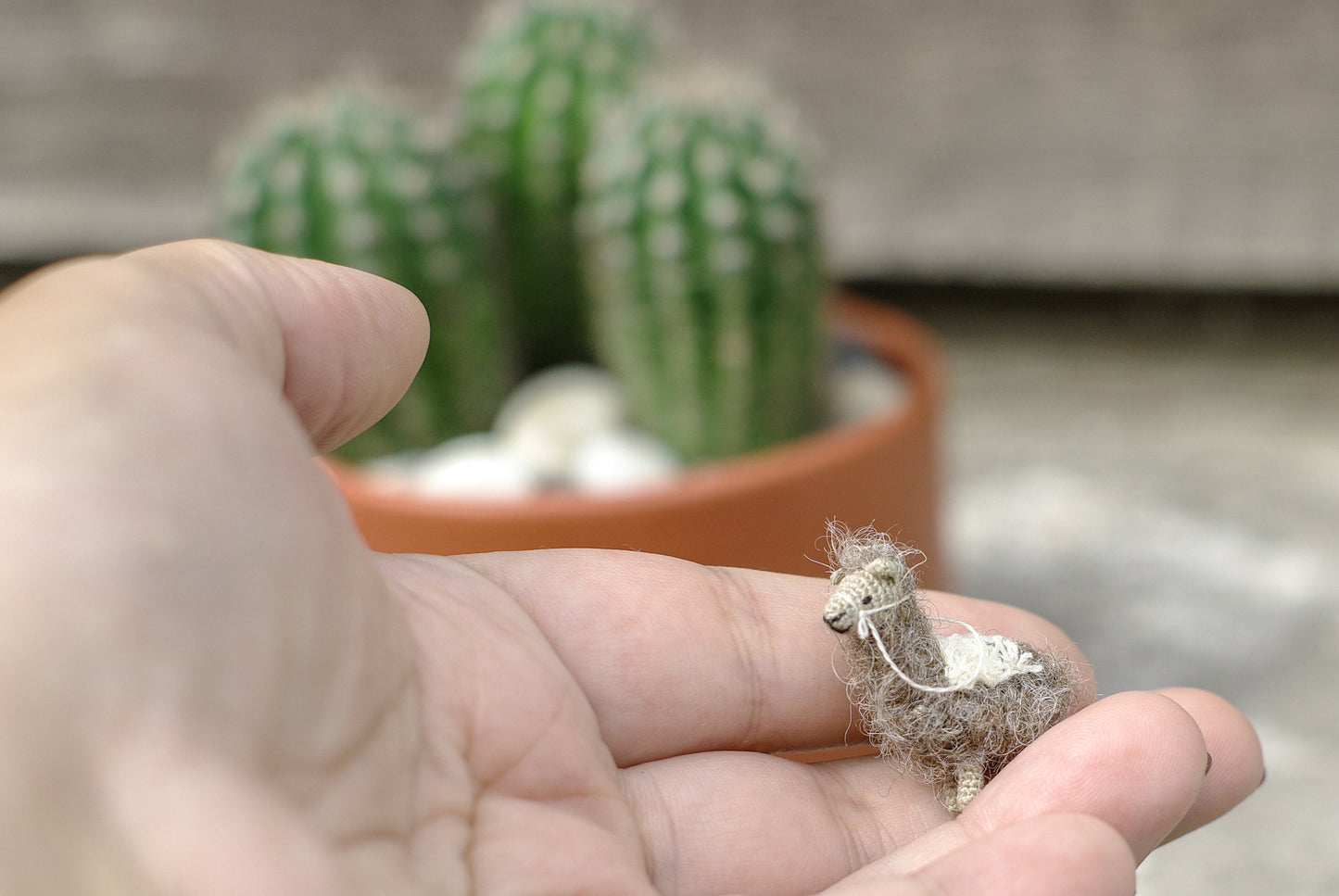 Amigurumi stuffed llama with soft texture, photographed in a cozy boho setting.