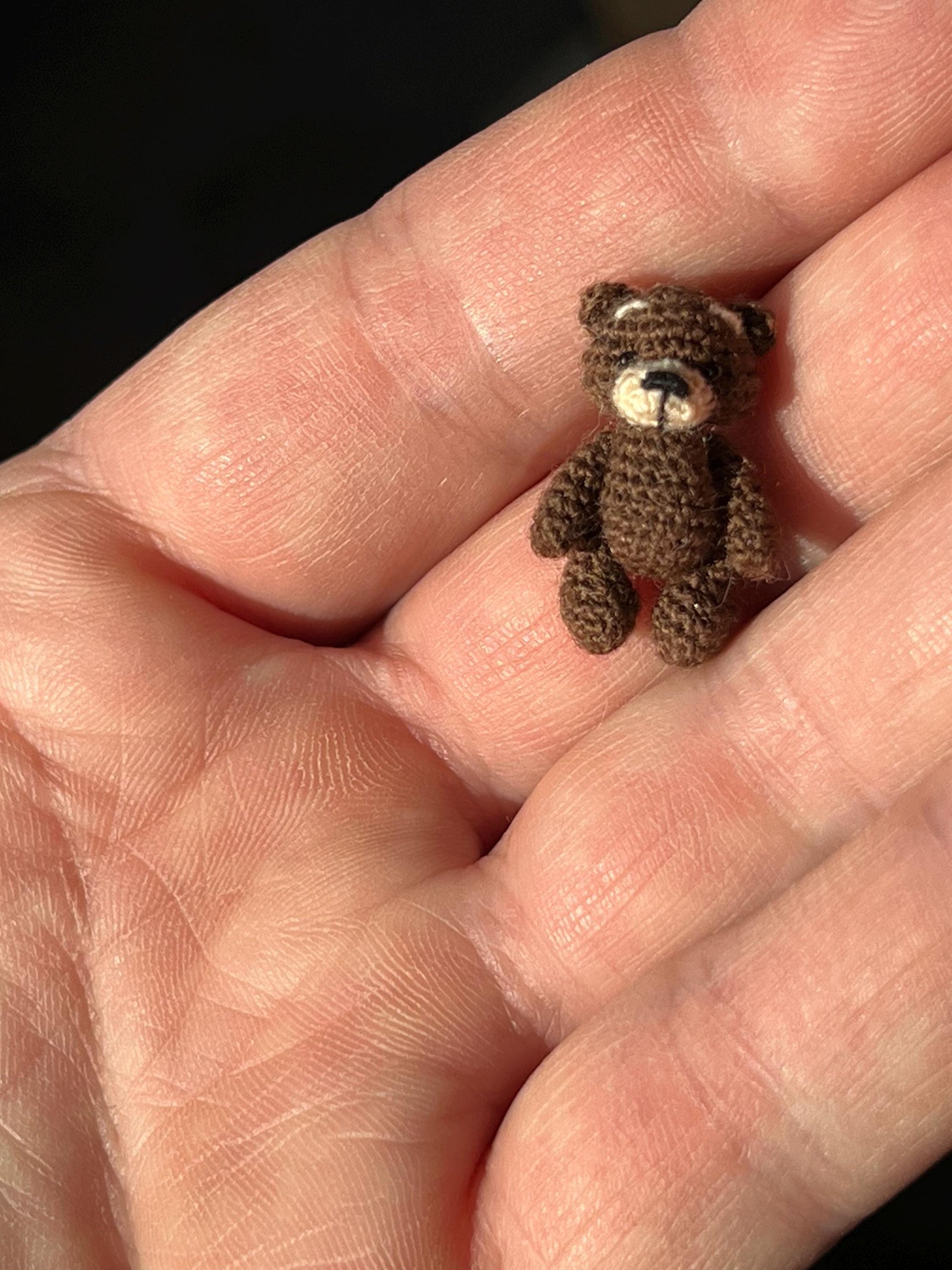 TaleWorld miniature bear sitting in a cozy hand with warm lighting