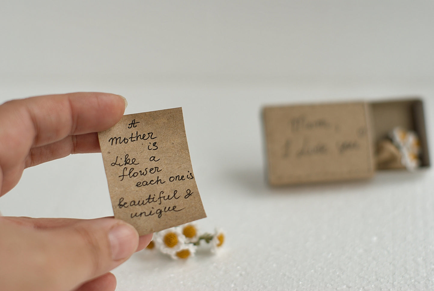 Close-up of tiny flowers and scroll in gift box