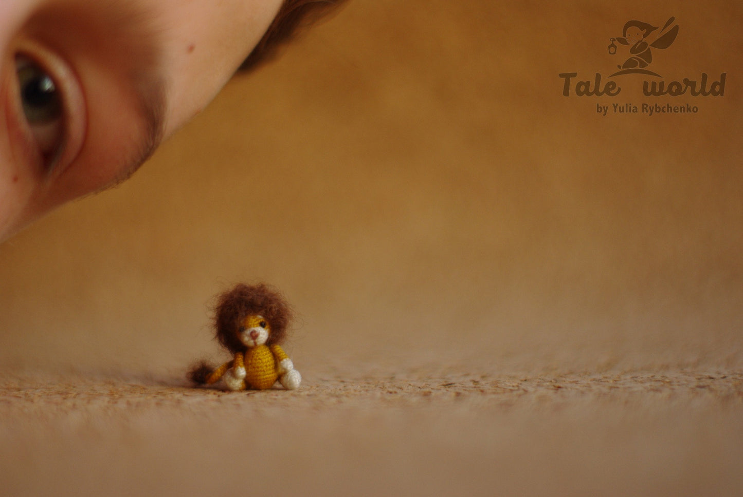 Handmade miniature lion with soft wool hair and stitched face
