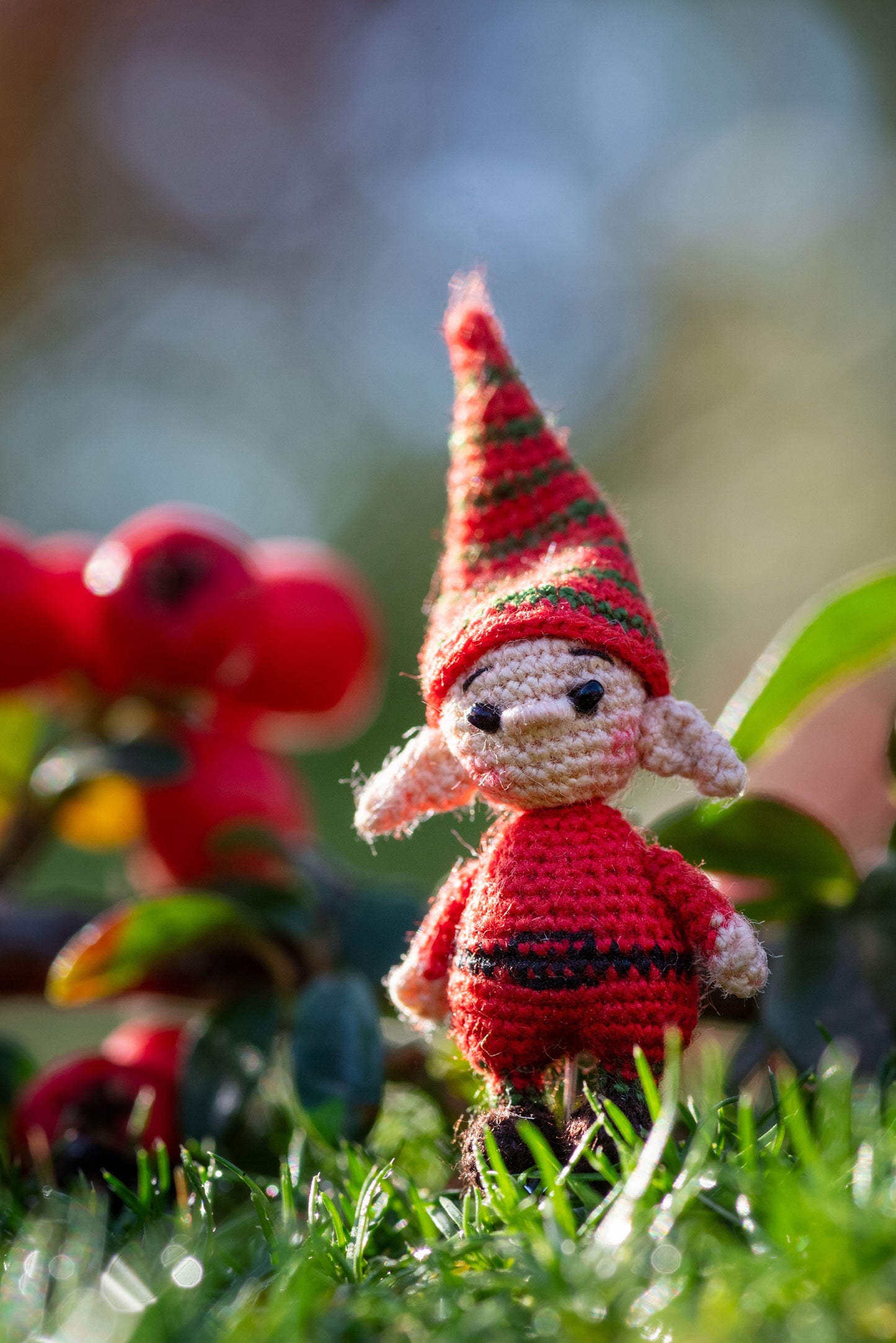 Handmade red forest elf with striped hat