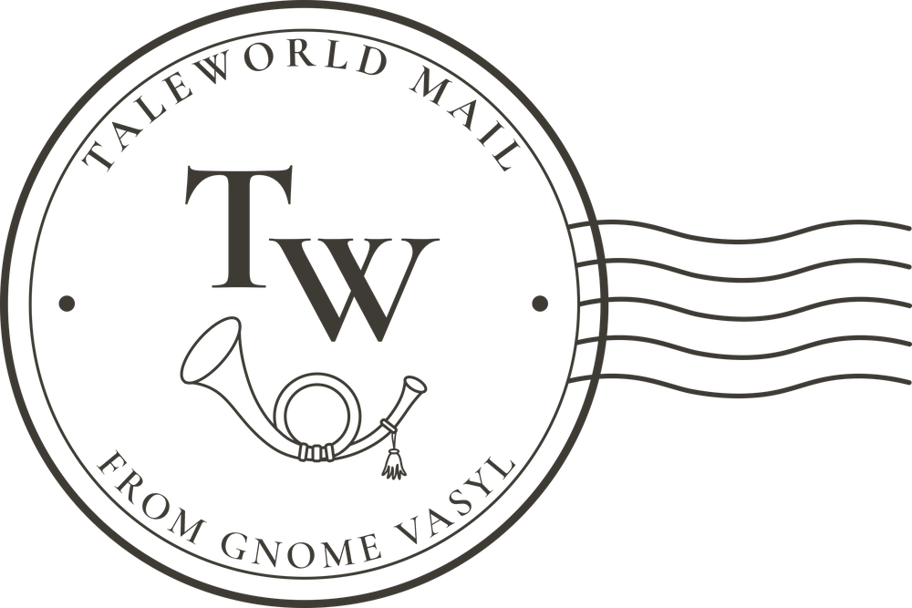 The postmark of TaleWorld Mail: a round seal reading TALEWORLD MAIL, FROM GNOME VASYL, with a post horn and the cancellation waves running off it.