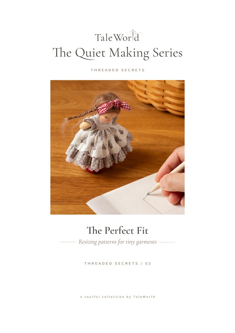 Cover of The Perfect Fit: a doll in a printed dress beside a hand drawing on paper.