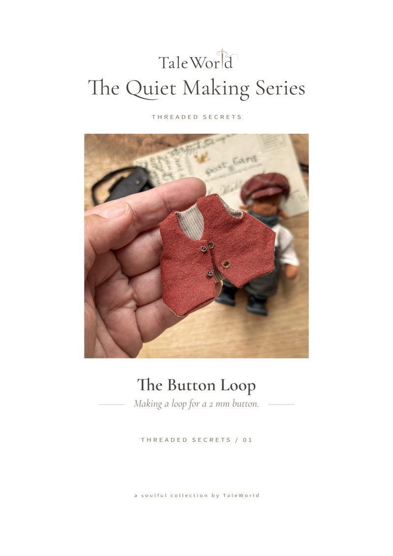 Cover of The Tiny Loop: a hand holding a miniature waistcoat beside a small doll.