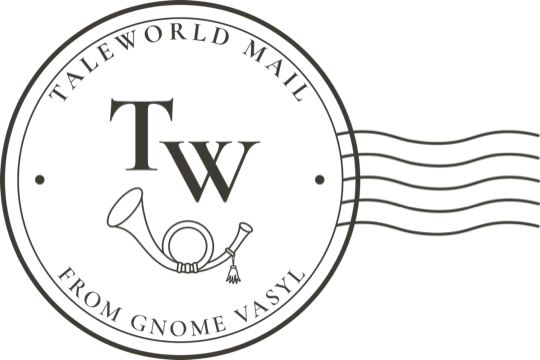 The postmark of TaleWorld Mail: a round seal reading TALEWORLD MAIL, FROM GNOME VASYL, with a post horn and the cancellation waves running off it.